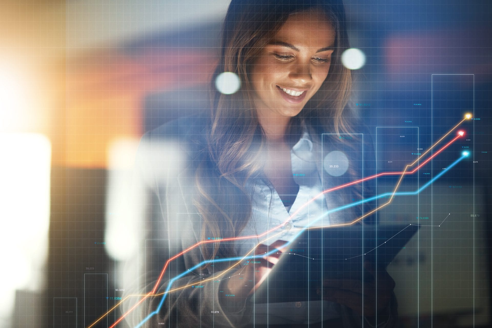 Woman smiling while reviewing analytics on a transparent interface