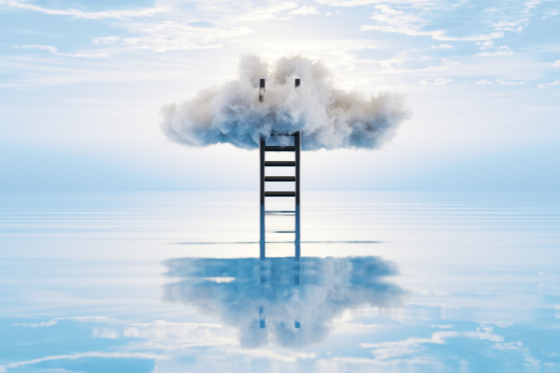 Ladder rising from water into a cloud in a surreal concept scene