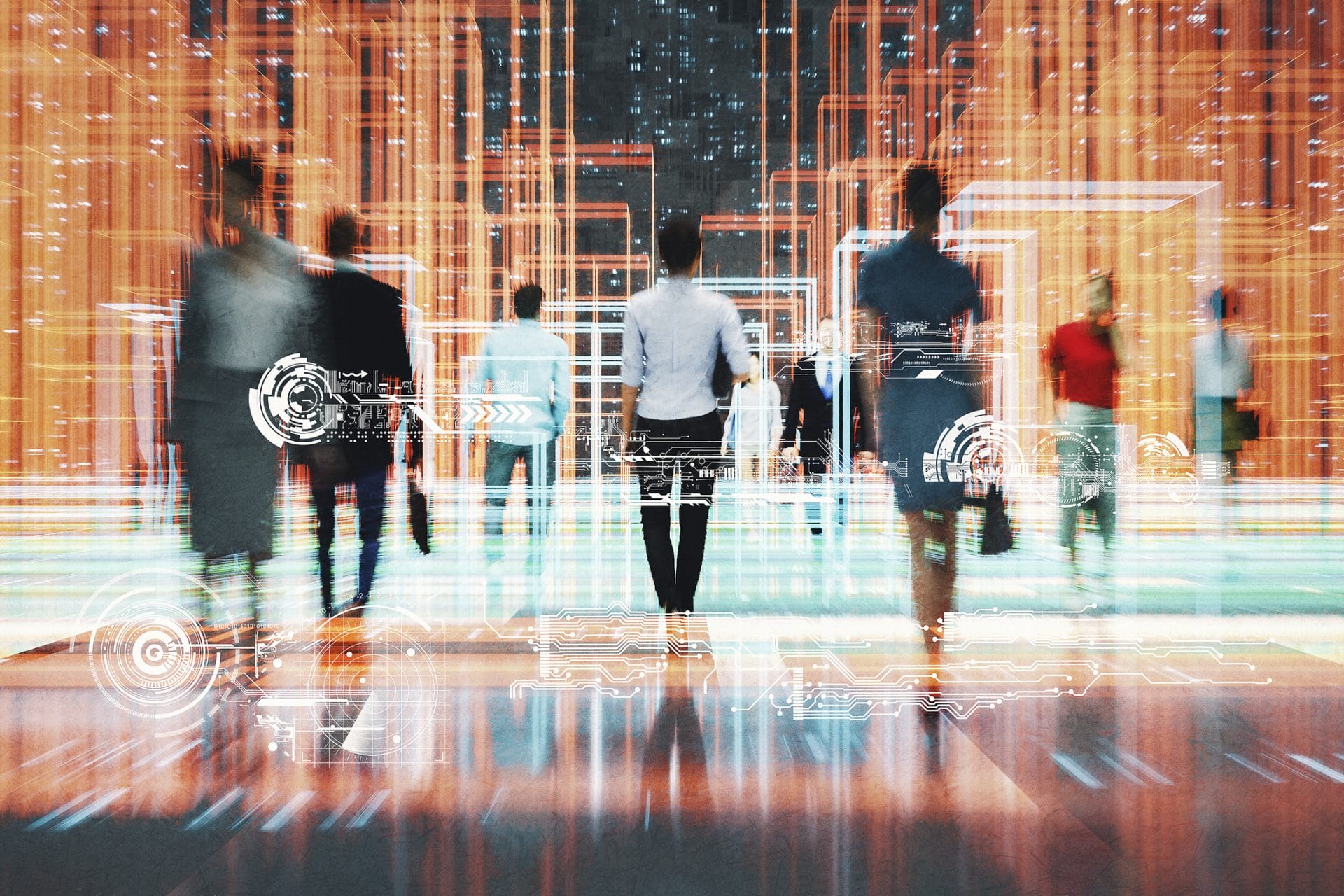 Group of business professionals walking through a digital data visualization environment