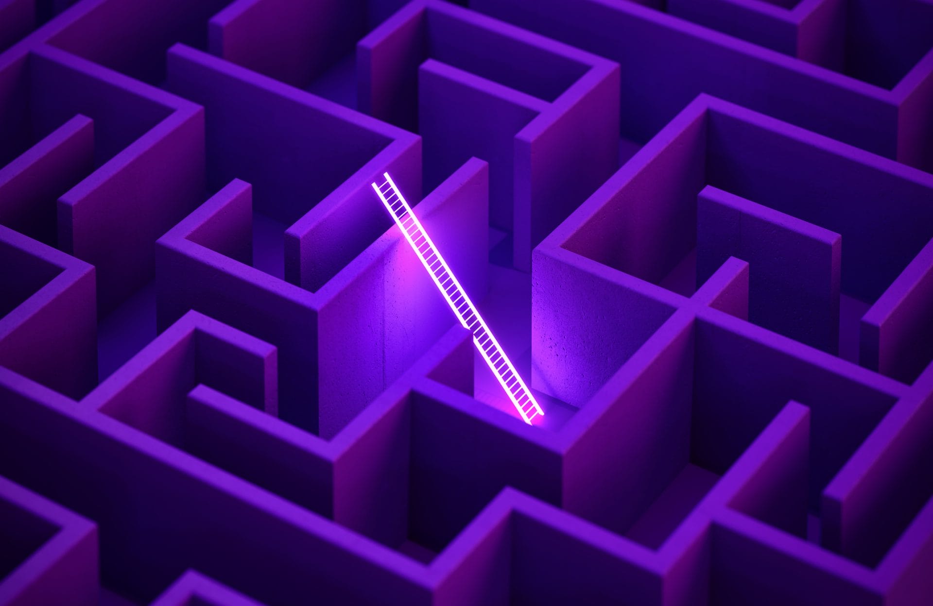 Abstract glowing purple maze viewed from above