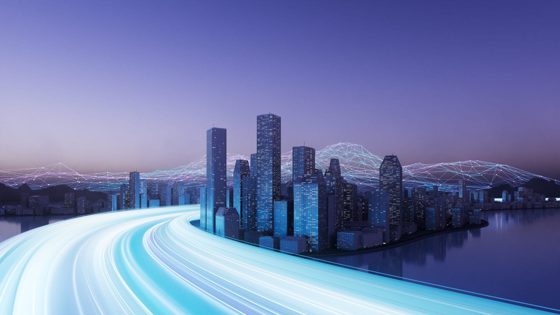 Modern city skyline at sunset with colorful light trails in the foreground